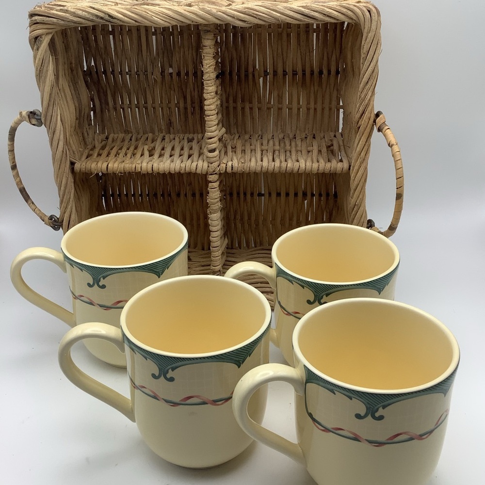 Four Lenox Perennial Garden Mugs  with Wicker Caddy